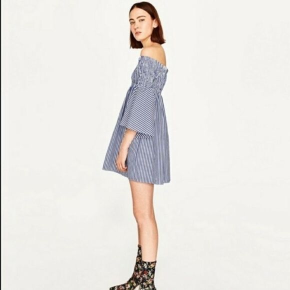 Zara Off Shoulder Striped Summer Bell Sleeve Dress - Picture 7 of 14